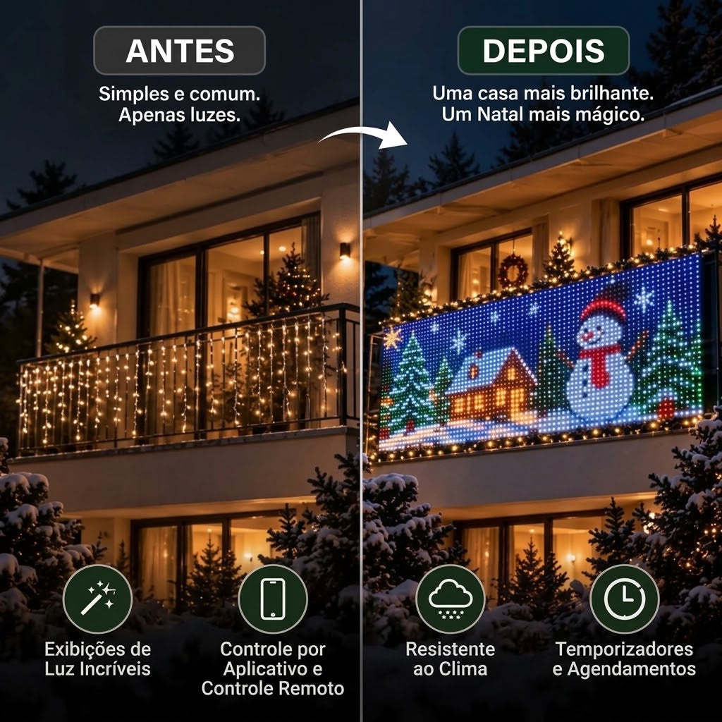 Cortina de LED Inteligente Festilume para Sacada – Animações de Natal pelo Celular