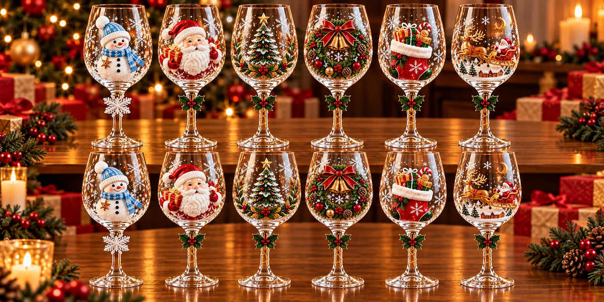 Conjunto 6 Taças de Vinho de Natal 3D em Cristal – 450ml com Caixa Presenteável