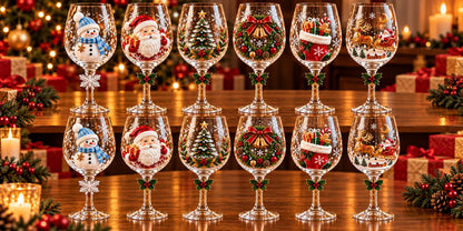 Conjunto 6 Taças de Vinho de Natal 3D em Cristal – 450ml com Caixa Presenteável