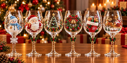 Conjunto 6 Taças de Vinho de Natal 3D em Cristal – 450ml com Caixa Presenteável