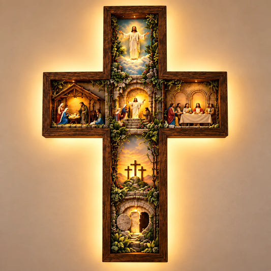 Cruz Iluminada com Cenas Bíblicas – Decoração Cristã em Madeira com Luz