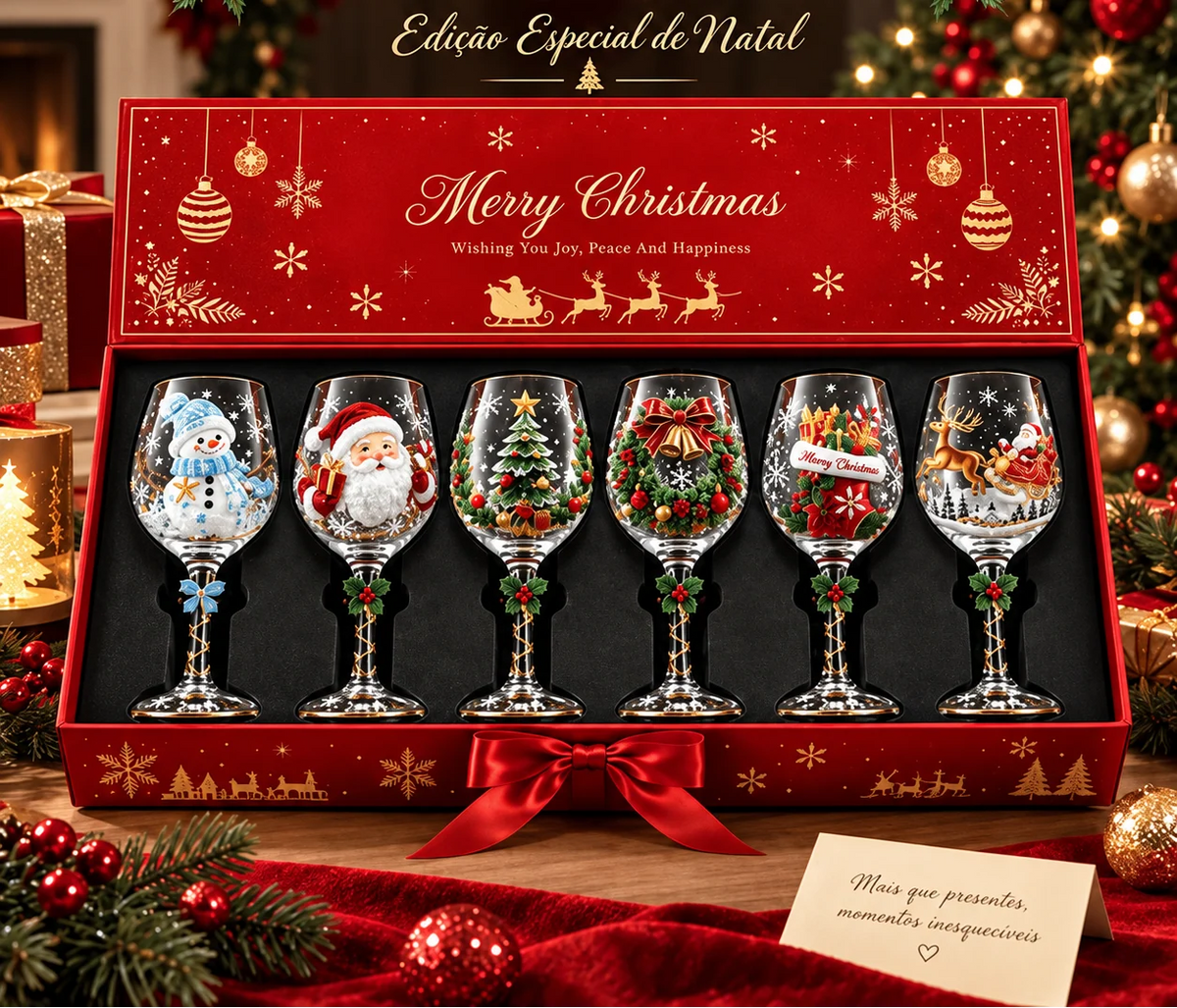 Conjunto 6 Taças de Vinho de Natal 3D em Cristal – 450ml com Caixa Presenteável