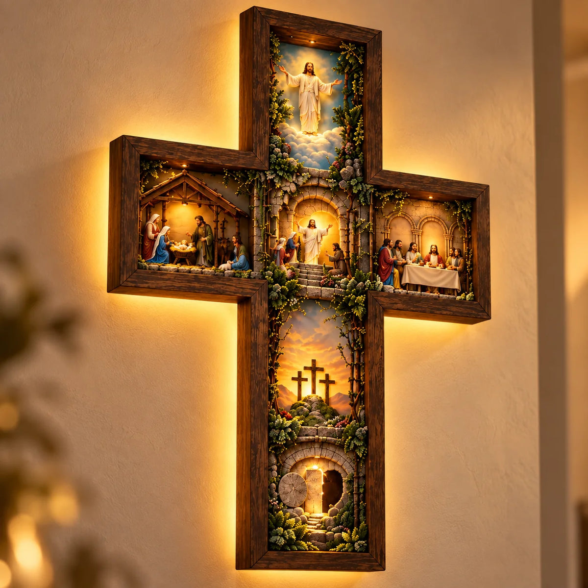 Cruz Iluminada com Cenas Bíblicas – Decoração Cristã em Madeira com Luz