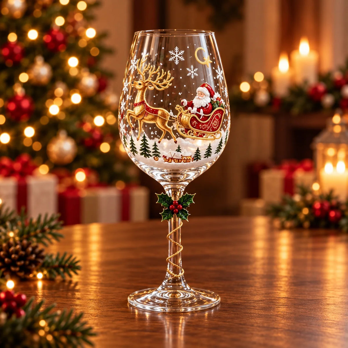 Conjunto 6 Taças de Vinho de Natal 3D em Cristal – 450ml com Caixa Presenteável