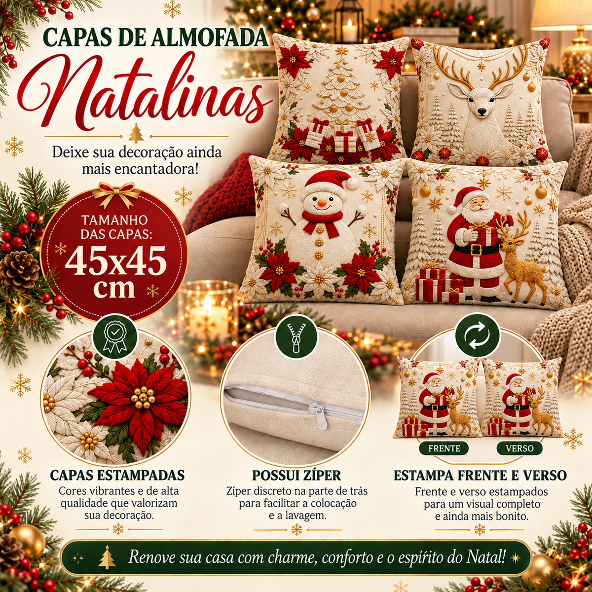 Kit Capas de Almofada de Natal Papai Noel 45×45cm – 4 ou 6 Unidades
