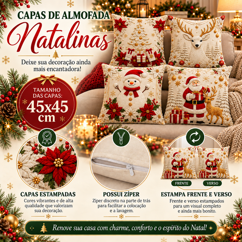Kit Capas de Almofada de Natal Papai Noel 45×45cm – 4 ou 6 Unidades
