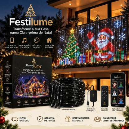 Cortina de LED Inteligente Festilume para Sacada  – Animações de Natal pelo Celular